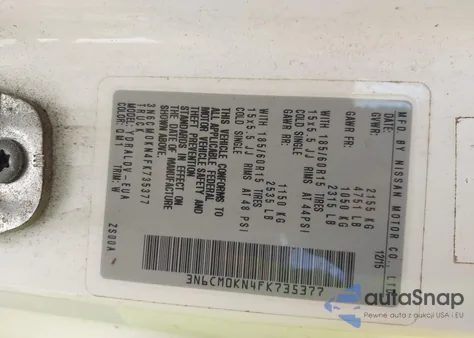 2015 Nissan Nv200 S/Sv z USA, uszkodzony, nr VIN 3N6CM0KN4FK735377